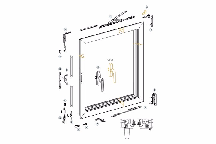 欧标20槽节能下悬内平开五金系统