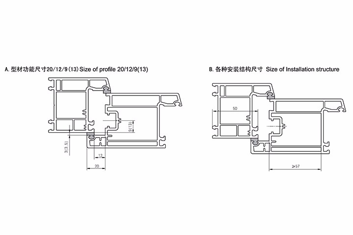 内平开门型材功能尺寸